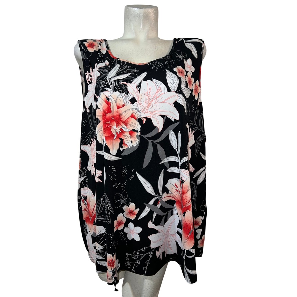 IMAN Top Womens Plus 4X Black Floral Lily Print Sleeveless Scoop Neck Tank